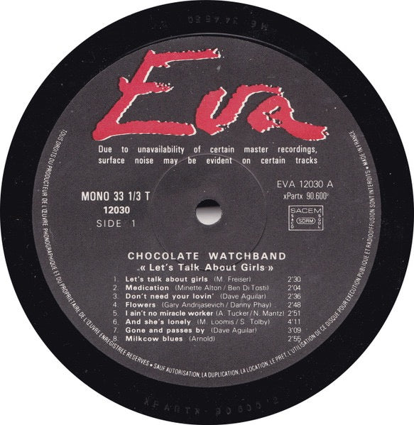 Image of Label Cover of LP - VG/VG+ - CHOCOLATE WATCH BAND, Let's Talk About Girls (Eva; EVA 12030, France 1983, Laminated Sleeve), Light marks only. Laminate creasing, wear to opening edge.,  - 2926305E