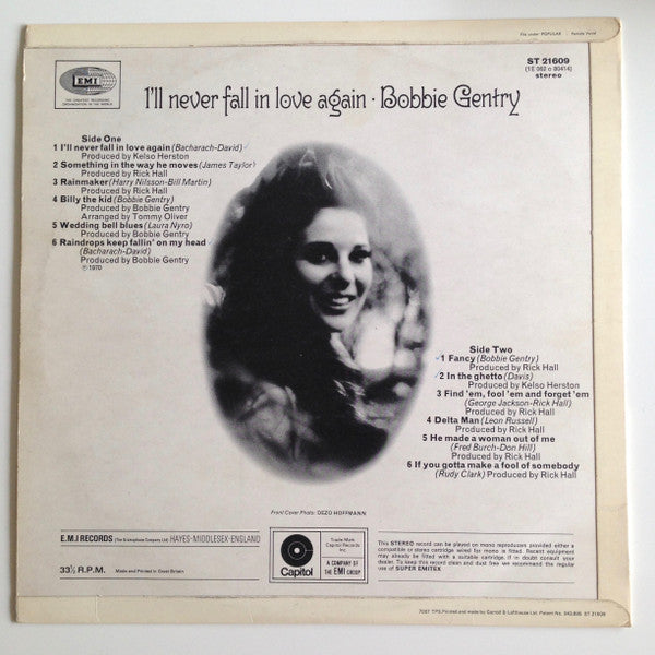 Image of Back Cover of 2314619C: LP - BOBBIE GENTRY, I'll Never Fall In Love Again (Capitol Green; ST 21609, UK 1970, Laminated Flipback Sleeve) Writing on rear of sleeve.  VG/VG+