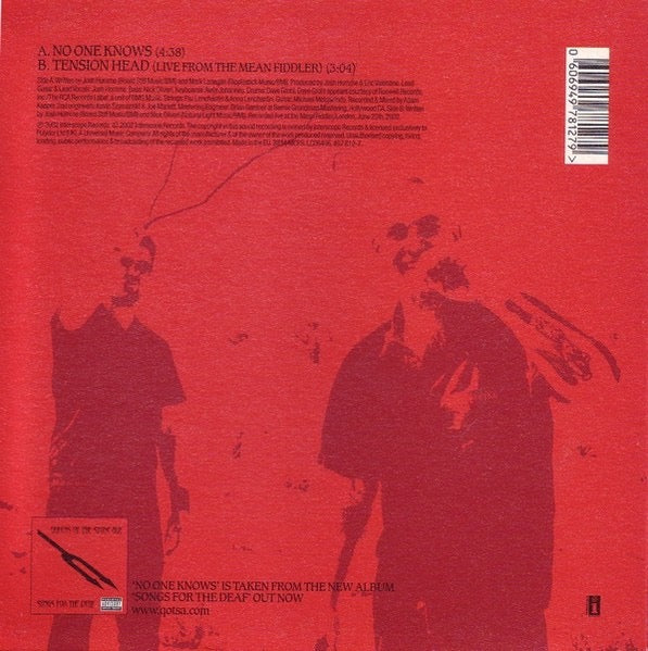 Image of Back Cover of 7" - VG/G - QUEENS OF THE STONE AGE, No One Knows (Interscope; 497 812 7, UK & Europe 2002, Hype Stickered Picture Sleeve, Limited Edition Grey Opaque Vinyl.), Sleeve worn & slightly discolored.,  - 4216254C