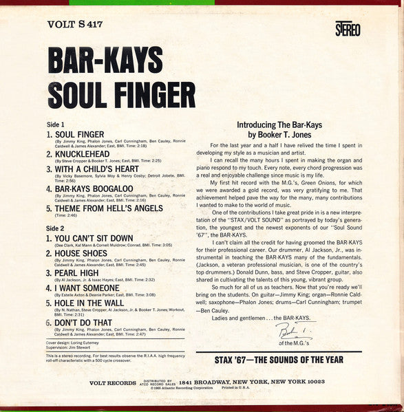 Image of Back Cover of LP - VG+/VG - BAR-KAYS, Soul Finger (Volt; 417, US 1967, Monarch pressing), Light hairlines. Mild edgewear.,  - 3926181E