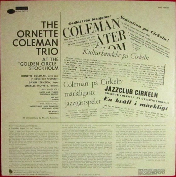 Image of Back Cover of 4414479C: LP - ORNETTE COLEMAN, At The Golden Circle Stockholm Volume one (Blue Note; BNS40021, UK 1977 Reissue) Light marks only.  VG+/VG