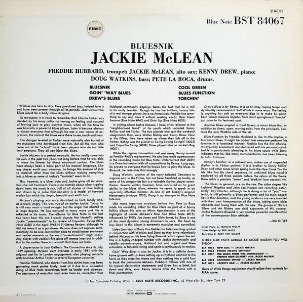 Image of Back Cover of 4545306S: LP - JACKIE MCLEAN, Bluesnik (Blue Note; BST 84067, France 1984 Reissue, Stereo) Slight discolouring to sleeve from storage. Some superficial marks on both sides of record.  VG/VG