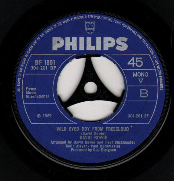 Image of Back Cover of 7" - G/VG - DAVID BOWIE, Space Oddity / Wild Eyed Boy From Freecloud (Philips; BF 1801, UK 1969, Mono. Large Jukebox Centre.), Company Sleeve Is Split And Written On,  - 0326303E