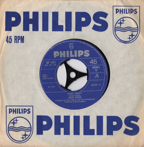 Image of Label Cover of 7" - G/VG - DAVID BOWIE, Space Oddity / Wild Eyed Boy From Freecloud (Philips; BF 1801, UK 1969, Mono. Large Jukebox Centre.), Company Sleeve Is Split And Written On,  - 0326303E