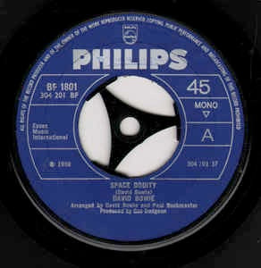 Image of Front Cover of 7" - G/VG - DAVID BOWIE, Space Oddity / Wild Eyed Boy From Freecloud (Philips; BF 1801, UK 1969, Mono. Large Jukebox Centre.), Company Sleeve Is Split And Written On,  - 0326303E