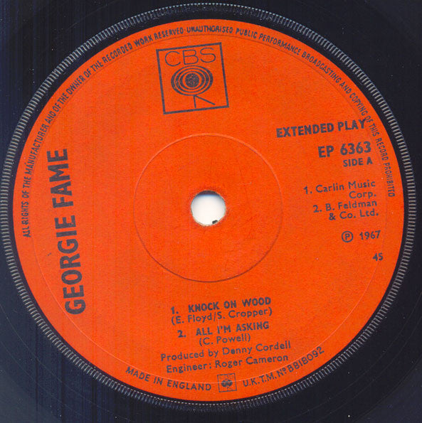 Image of Label Cover of 0124091E: 7" EP - GEORGIE FAME, Georgie Fame (CBS; EP 6363, UK 1967, Laminated Front Sleeve) Strong VG+, Corner Bump  VG+/VG+