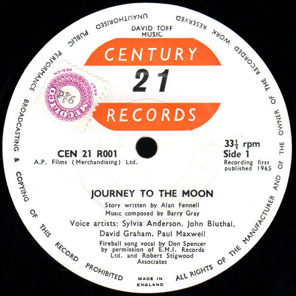 Image of Label Cover of LP - VG/VG - SYLVIA ANDERSON / JOHN BLUTHAL / DAVID GRAHAM (7) / PAUL MAXWELL, Journey To The Moon (Century 21 Records; R001, UK 1965), ,  - 1426359E