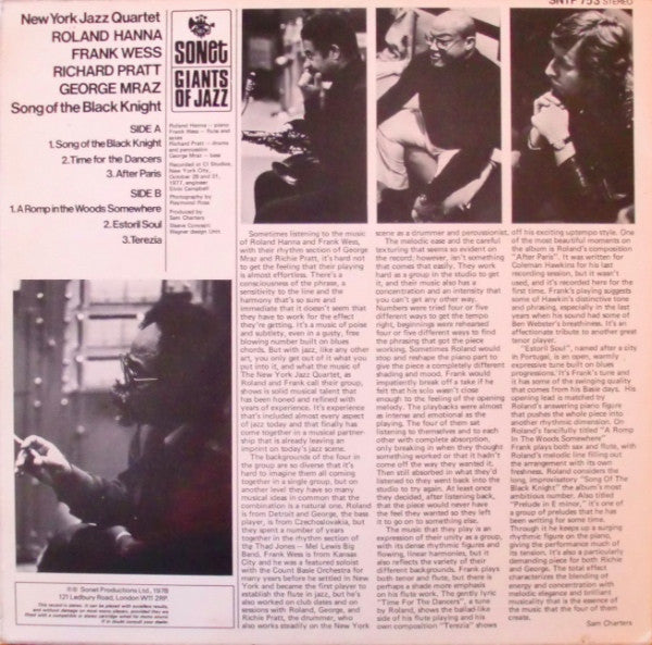 Image of Back Cover of LP - VG/VG+ - THE NEW YORK JAZZ QUARTET, Song Of The Black Knight (Sonet; SNTF 753, UK 1978), ,  - 4426085E
