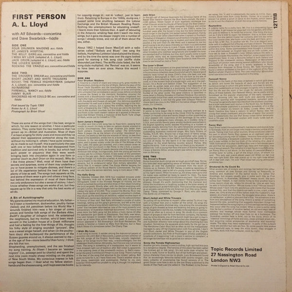 Image of Back Cover of LP - VG+/VG+ - A.L LLOYD, First Person - Some Of His Favourite Folk Songs (Topic Blue Label; 12T118, UK 1966, Laminated Front Sleeve, Mono), ,  - 1326443E