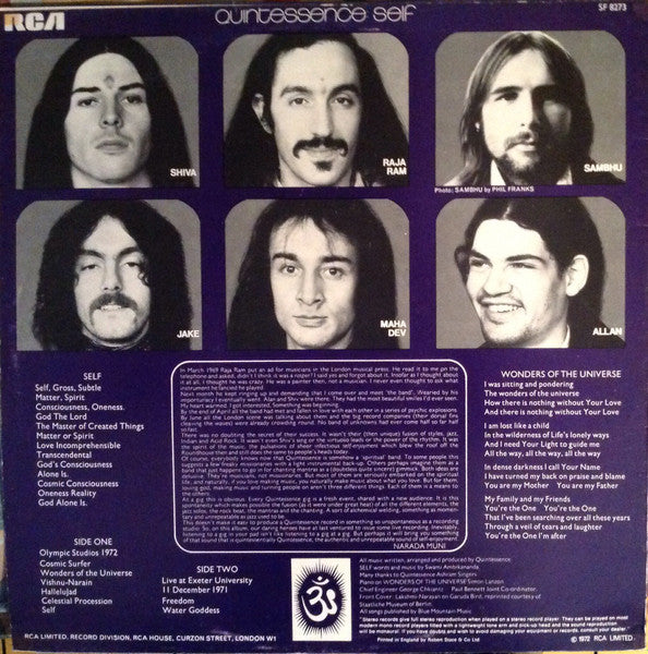 Image of Back Cover of LP - VG/VG+ - QUINTESSENCE, Self (RCA; SF8273, UK 1972), Edge Wear, Stickered Sleeve,  - 3046175S
