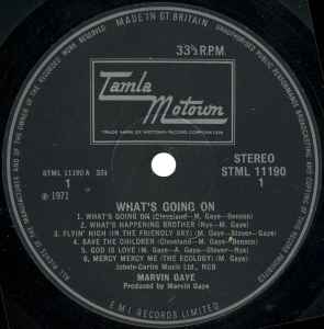 Image of Label of 3524325E: LP - MARVIN GAYE, What's Going On (Motown; STML 11190, UK 1971, Textured Sleeve, Company Inner, Stereo, No Lyric Sheet) Plays strong but with surface noise. Sleeve in Fair condition.  F/G+