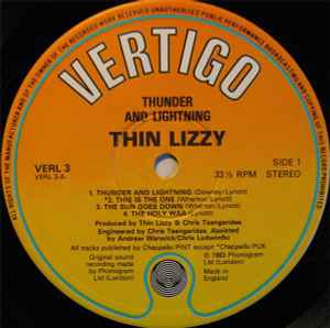 Image of Label Cover of LP - VG/VG+ - THIN LIZZY, Thunder And Lightning (Vertigo; VERL 3, UK 1983, Gatefold, With Limited Live 12"), Light sticker ghost, Clean glossy discs,  - 2116658C