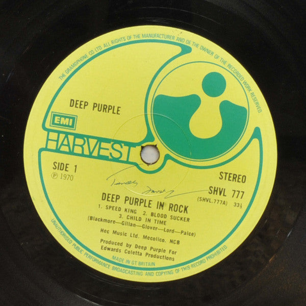 Image of Label Cover of LP - VG/VG - DEEP PURPLE, Deep Purple In Rock (Harvest Green, Gramophone Co On Rim, EMI Box; SHVL777, UK 1970, Laminated Gatefold Sleeve), Strong VG, Company Inner,  - 2026188E