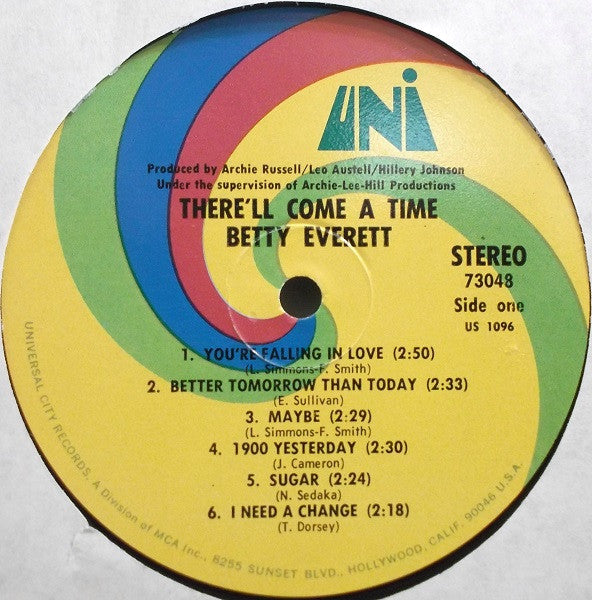 Image of Label Cover of LP - /VG - BETTY EVERETT, There'll Come A Time (UNI Records ; 73048, US 1969), Some marks but don't affect play.,  - 1626103E