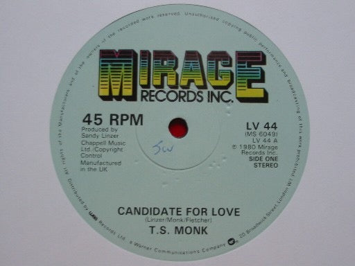 Image of Back Cover of 12" - VG/VG+ - T.S. MONK, Candidate For Love (Mirage; LV 44, UK 1980, Picture Sleeve), Light wear to sleeve. Minor marks on disc.,  - 4146204S