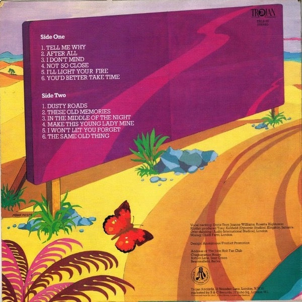 Image of Back Cover of 4114046C: LP - JOHN HOLT, Dusty Roads (Trojan Records (Orange / White); TRLS 85, UK 1974, Textured Sleeve) Small tear to sleeve opening - otherwise in nice condition.  VG/VG+