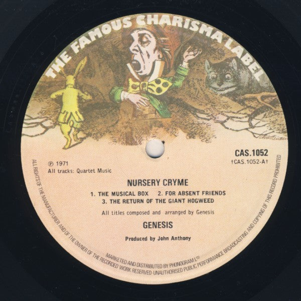 Image of Label Cover of 5024365E: LP - GENESIS, Nursery Cryme (Charisma Hatter Phonogram Marketing; CAS1052, UK 1970s Reissue, Gatefold) Surface Noise, Writing on Front Sleeve  VG/G+