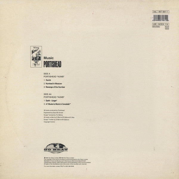 Image of Back Cover of 12" - G+/G - PORTISHEAD, Numb (Go Beat; GODX 114, UK 1994, Picture Sleeve), Lots of surface noise and crackle throughout. It plays without pops or skipping. Sleeve is torn slightly on the spine.,  - 3946349S
