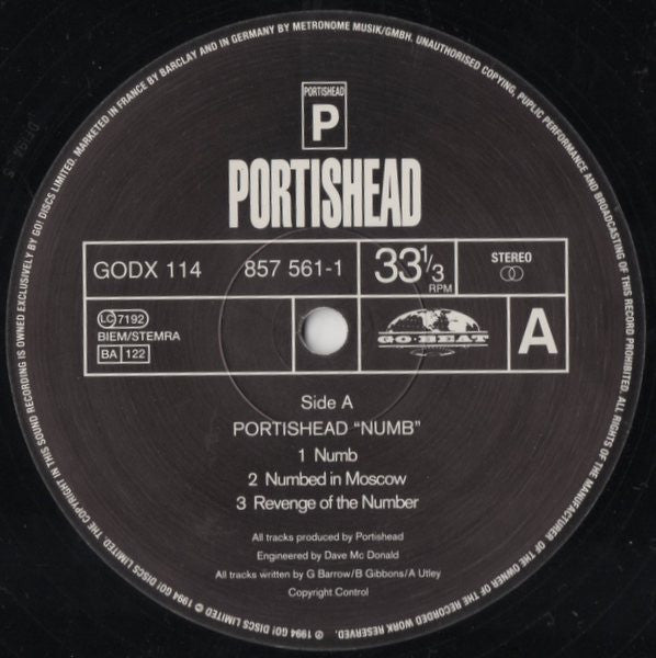 Image of Label Cover of 12" - G+/G - PORTISHEAD, Numb (Go Beat; GODX 114, UK 1994, Picture Sleeve), Lots of surface noise and crackle throughout. It plays without pops or skipping. Sleeve is torn slightly on the spine.,  - 3946349S
