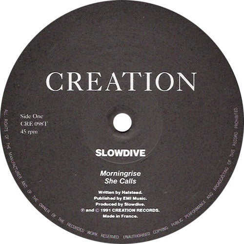 Image of Label Cover of 12" - VG/VG+ - SLOWDIVE, Morningrise/ She Calls/ Losing Today (Creation; CRE098T, UK 1991, Picture Sleeve, Black Inner), Minor edge wear, very small start of a top seam split.,  - 1416572C