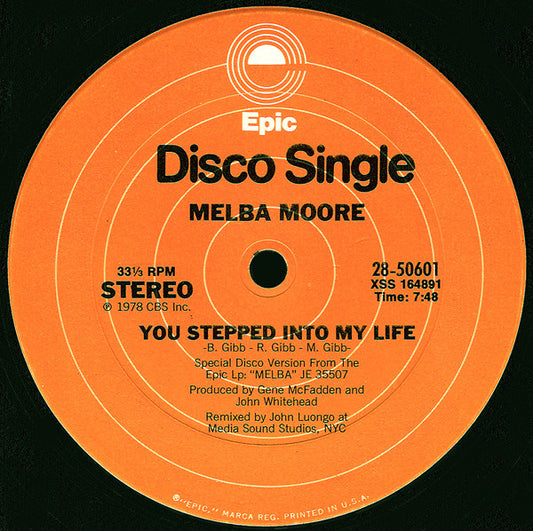 Image of Front Cover of 4925406E: 12" - MELBA MOORE, You Stepped Into My Life / There's No Other Like You (Epic; 28-50601, US 1978, Company Sleeve) Light Marks only. Writing on sleeve.  G+/VG
