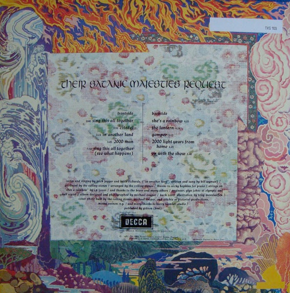 Image of Back Cover of 2415388C: LP - THE ROLLING STONES, Their Satanic Majesties Request (Decca Blue Boxed; TXS103, UK 1982 Reissue, Gatefold, Stereo) Spine wear, Small patch of sticker damage  VG/VG+