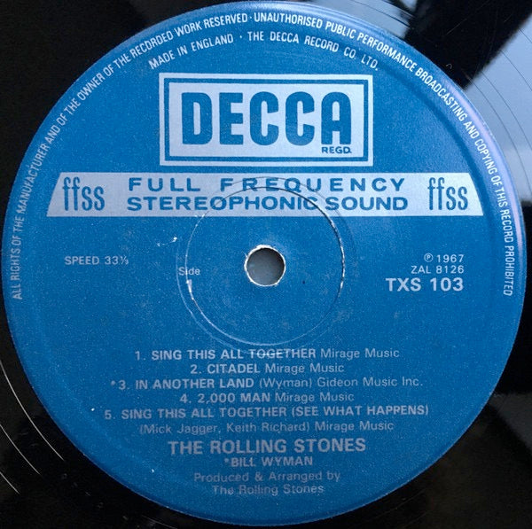 Image of Label Cover of 2415388C: LP - THE ROLLING STONES, Their Satanic Majesties Request (Decca Blue Boxed; TXS103, UK 1982 Reissue, Gatefold, Stereo) Spine wear, Small patch of sticker damage  VG/VG+