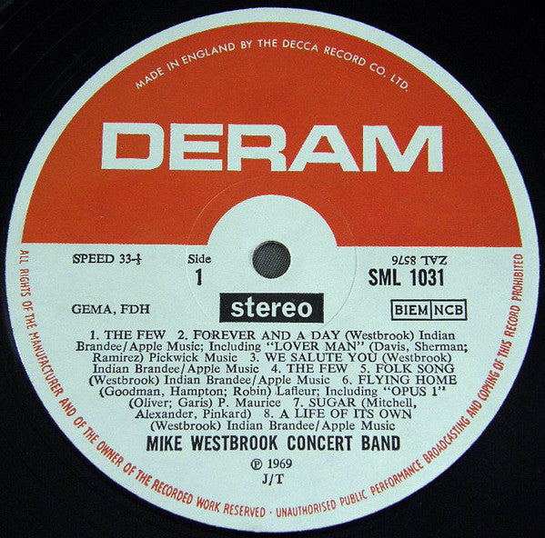 Image of Label Cover of LP - VG/VG+ - MIKE WESTBROOK CONCERT BAND, Release (Deram; SML1031, UK 1969, Laminated Front Sleeve, Stereo), Light marks and wear to sleeve. Very minor wear to sleeve. Strong copy.,  - 3846099S