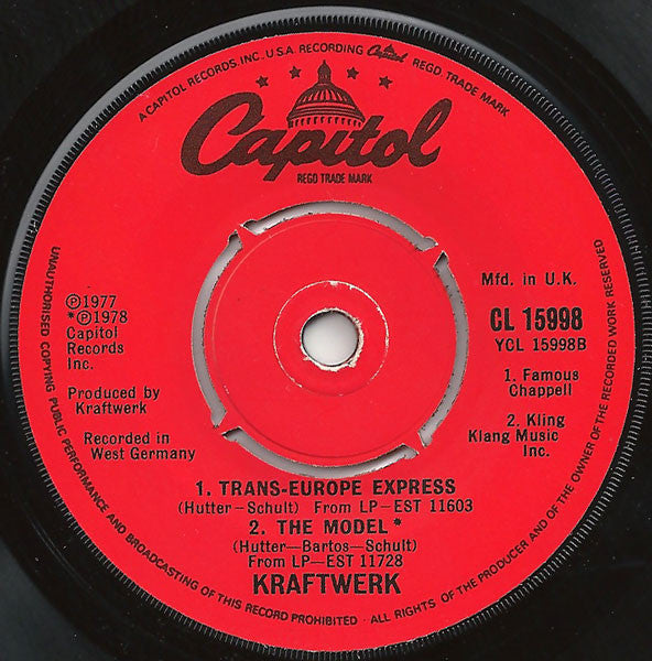 Image of Back Cover of 7" EP - /EX - KRAFTWERK, Neon Lights / Trans-Europe Express / Model (Capitol; CL15998, UK 1978, Plain Sleeve), ,  - 2526283E
