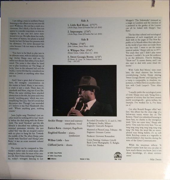 Image of Back Cover of 4224282E: LP - ARCHIE SHEPP, Little Red Moon (Soul Note; SN 1112, Italy 1986)   VG+/VG+