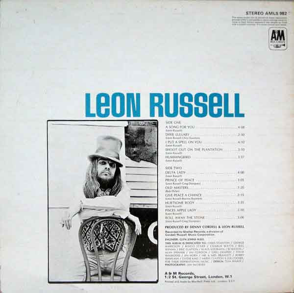 Image of Back Cover of LP - VG/G+ - LEON RUSSELL, Leon Russell (A&M Tan Labels; AMLS982, UK 1970, Laminated Sleeve), Side 1 is decent VG, Side 2 has a few more surface marks, Bit of laminate lift to sleeve,  - 3616299C