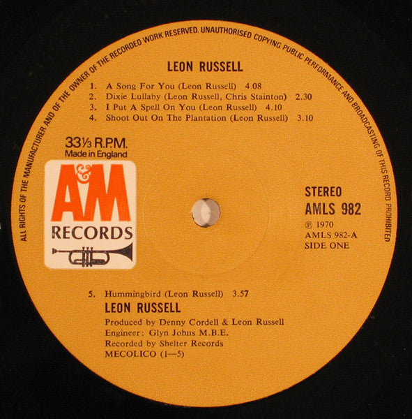 Image of Label Cover of LP - VG/G+ - LEON RUSSELL, Leon Russell (A&M Tan Labels; AMLS982, UK 1970, Laminated Sleeve), Side 1 is decent VG, Side 2 has a few more surface marks, Bit of laminate lift to sleeve,  - 3616299C