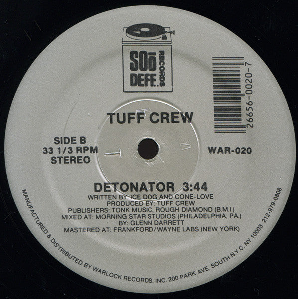 Image of Back Cover of 3224207E: 12" - TUFF CREW, My Part Of Town / Detonator (Soo Def / Warlock; WAR-020, US 1988, Company Sleeve) Heavy Edge Wear  VG/VG