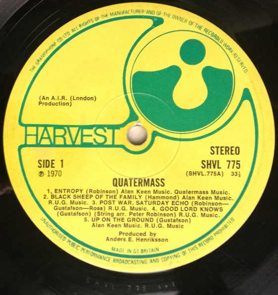 Image of Label Cover of LP - VG/G - QUATERMASS, Quatermass (Harvest Green/ No Boxed EMI; SHVL775, UK 1970, Laminated Gatefold Sleeve), Edge wear, frayed spine, light creasing. Very minor warp. A few feelers on disc, surface noise most noticeable in quiet bits, still rocks hard.,  - 4146072S