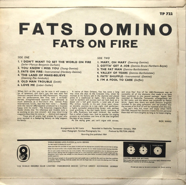 Image of Back Cover of 2625361E: LP - FATS DOMINO, Fats On Fire (WRC; TP 722, UK 1964, Laminated Flipback Sleeve, Mono)   VG/VG