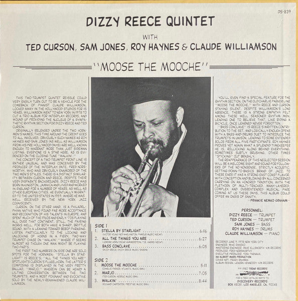 Image of Back Cover of LP - G+/VG - DIZZY REECE QUINTET, Moose The Mooche (Discovery; DS-839, US 1982 Reissue), Record has mainly storage scuffs. Sleeve worn, scuffed, stained; with drill hole at corner, split top seam, damage along spine, and stickers / sticker damage on front,  - 2716245C