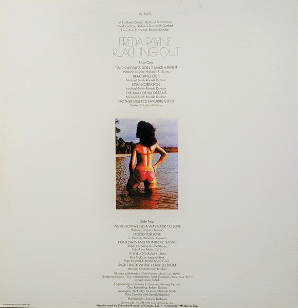 Image of Back Cover of LP - VG/VG+ - FREDA PAYNE, Reaching Out (Invictus; KZ 32493, US 1973), Vinyl in great condition - but not a great pressing with many pimples and dimples in the vinyl. Thankfully these don't seem to affect playback. ,  - 2226373E