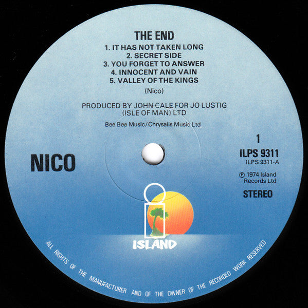 Image of Label Cover of LP - VG/VG+ - NICO, The End (Island Blue; ILPS 9311, UK Reissue, No EMI Below Island On Label), Strong VG+, Edge And Ring Wear,  - 0726227E