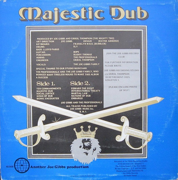 Image of Back Cover of LP - G/VG - JOE GIBBS, Majestic Dub (Joe Gibbs; JG008, Jamaica 1979), Slightly foggy press, light marks. Large tear on back sleeve, storage wear.,  - 3016159C