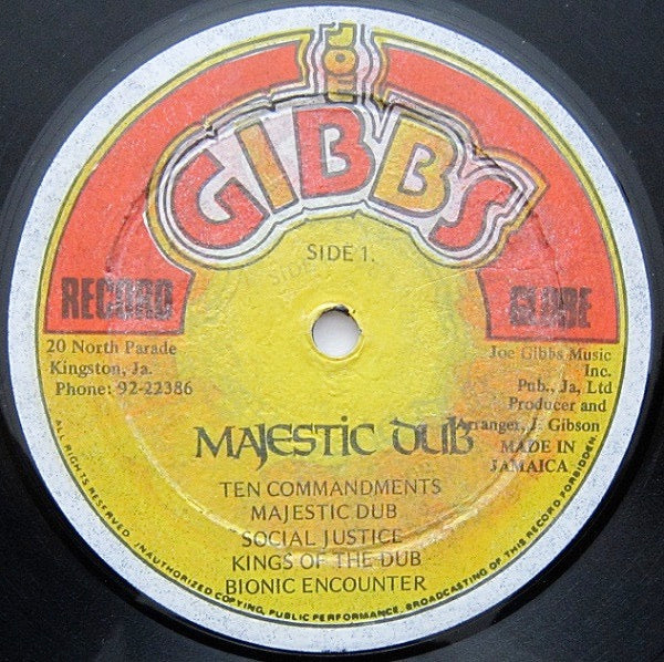 Image of Label Cover of LP - G/VG - JOE GIBBS, Majestic Dub (Joe Gibbs; JG008, Jamaica 1979), Slightly foggy press, light marks. Large tear on back sleeve, storage wear.,  - 3016159C