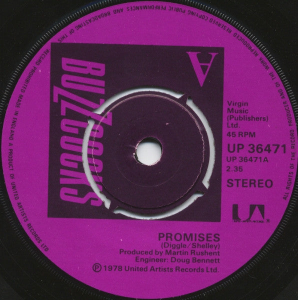 Image of Label Cover of 7" - VG+/EX - BUZZCOCKS, Promises / Lipstick (United Artists Records; UP 36471, UK 1978, Flipback Sleeve, Push-Out Centre), Nice Copy,  - 1826295E