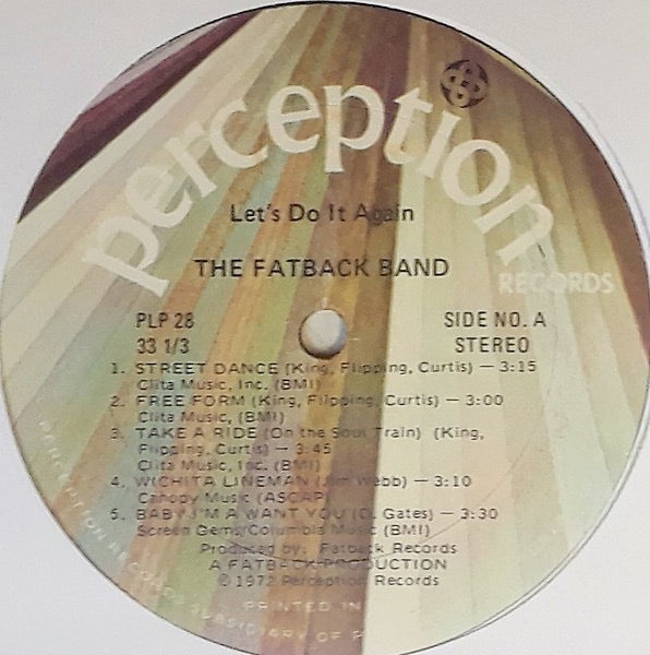 Image of Label Cover of LP - VG+/G+ - THE FATBACK BAND, Let's Do It Again (Perception; PLP 28, US 1972, Pasteback Sleeve), Sleeve is still in shrink with only some light wear to opening. Disc has a fair few light marks but plays nicely.,  - 3916297C