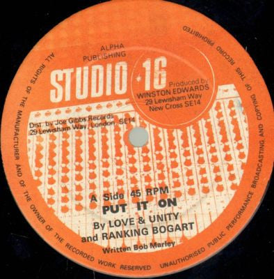 Image of Front Cover of 12" - /G+ - LOVE & UNITY AND RANKING BOGART / JOHN KPYAE AND THE ALBANS, Put It On / Put Dub In (Studio 16; WE 001, UK 1980, Plain Sleeve), Strong G+ light marks only.,  - 2116438C