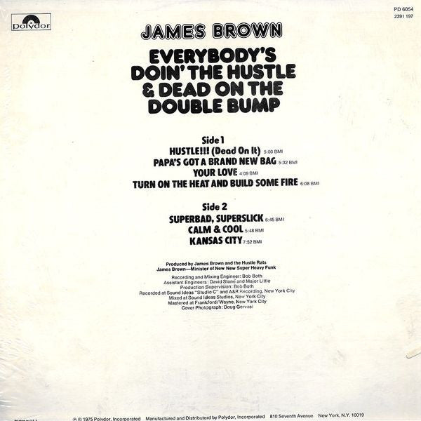 Image of Back Cover of LP - VG/VG - JAMES BROWN, Everybody's Doin' The Hustle & Dead On The Double Bump (Polydor Red Label; PD-6054, US 1975, All Disc pressing), Record is strong VG - just a few light hairlines. Writing on sleeve rear.,  - 3926086E