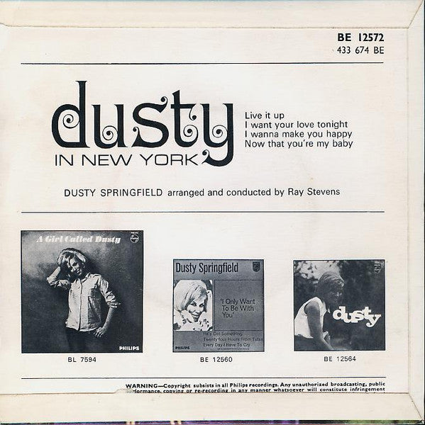 Image of Back Cover of 7" EP - VG/VG - DUSTY SPRINGFIELD, In New York (Philips; BE12572, UK 1965, Picture Sleeve, Mono), Strong VG,  - 4126106E