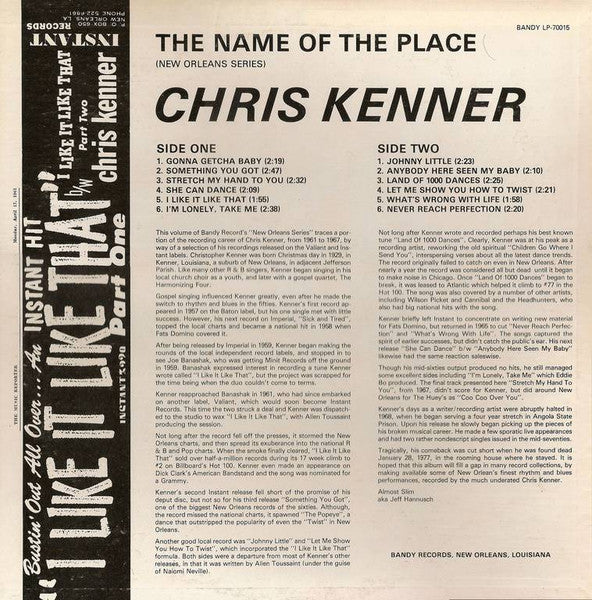 Image of Back Cover of 2424232E: LP - CHRIS KENNER, The Name Of The Place (Bandy; LP-70015, US 1970s) Strong VG+, Sticker Residue on Sleeve  VG/VG+