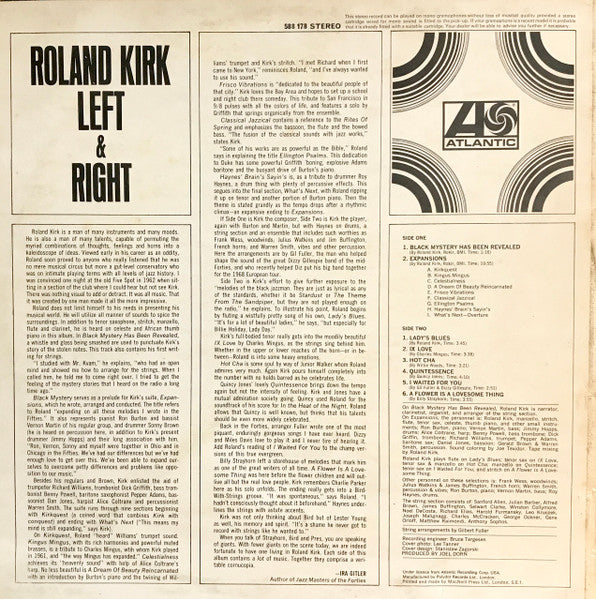 Image of Back Cover of LP - VG/VG - ROLAND KIRK, Left & Right (Atlantic Plum & Orange; 588 178, UK 1969, Laminated Sleeve, Stereo), Light marks, edge & ring wear, writing & stain on back cover,  - 4346021S