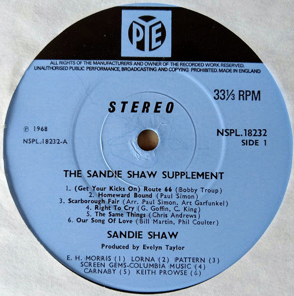 Image of Label Cover of LP - VG+/VG+ - SANDIE SHAW, Supplement (Pye Blue; NSPL18232, UK 1968, Inside Loading Laminated Gatefold Sleeve, Stereo), ,  - 2926193E
