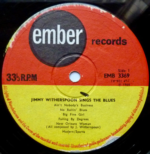 Image of Label Cover of LP - VG+/VG - JIMMY WITHERSPOON, A Spoonful of Blues (Ember; EMB 3369, UK 1966), ,  - 1626093E