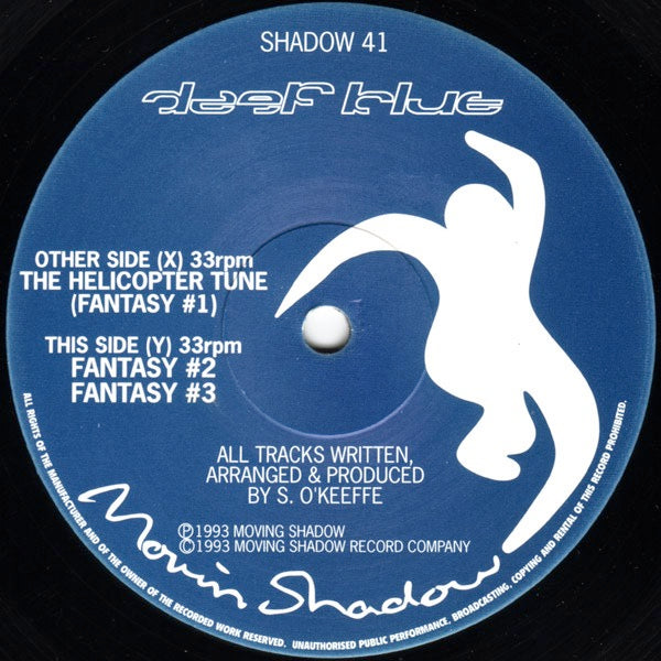Image of Back Cover of 12" - VG/G+ - DEEP BLUE, The Helicopter Tune (Moving Shadow; SHADOW 41, UK 1993, Stickered Plain Grey Sleeve), Y1 has a mark that causes an aubible click for about 30 secs other than that light marks only.,  - E